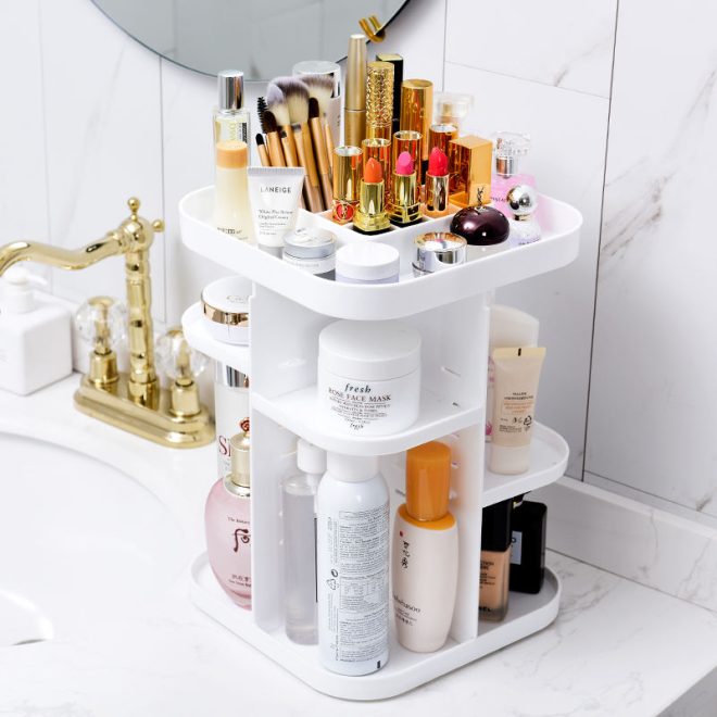 360 Rotating Large Capacity Makeup Organizer for Bedroom and Bathroom – White