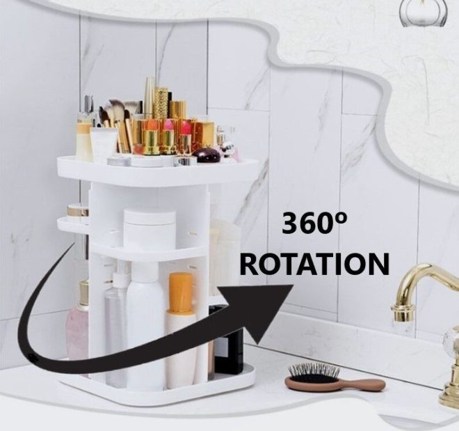 360 Rotating Large Capacity Makeup Organizer for Bedroom and Bathroom – White