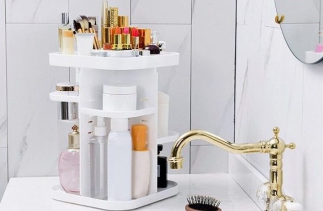 360 Rotating Large Capacity Makeup Organizer for Bedroom and Bathroom – White