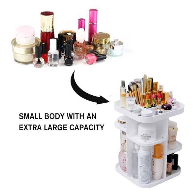 360 Rotating Large Capacity Makeup Organizer for Bedroom and Bathroom – White