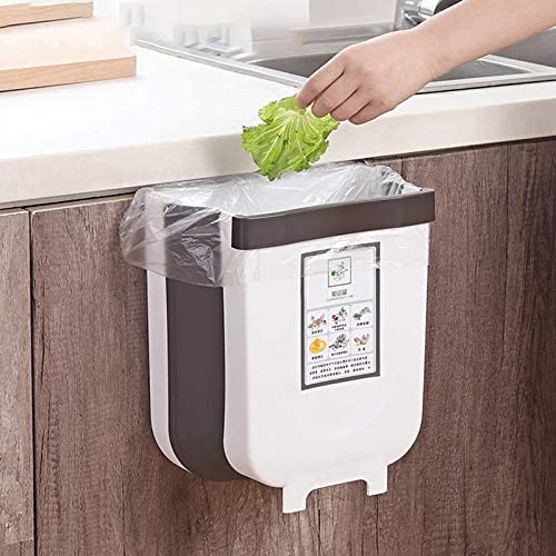 Hanging Trash Can Collapsible Small Garbage Waste Bin for Kitchen Cabinet Door – White