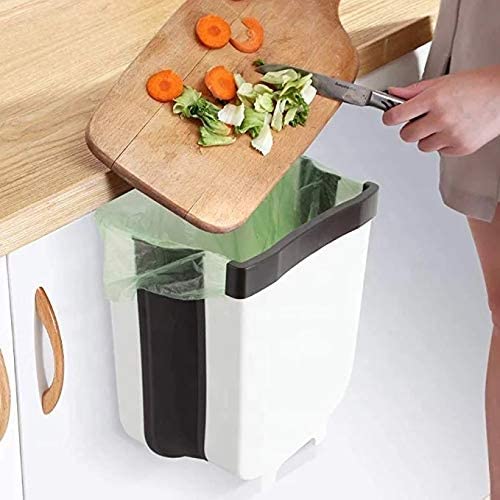 Hanging Trash Can Collapsible Small Garbage Waste Bin for Kitchen Cabinet Door – White