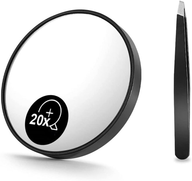 Magnifying Mirror and Eyebrow Tweezers Kit for Travel – 20X Magnification