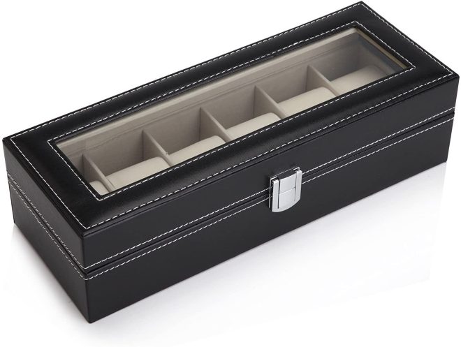 Black PU Leather Watch Organizer Display Storage Box Cases for Men & Women – 30x12x8 cm