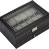 Black Leather Watch Box Jewelry Display Case with Drawers (12 Slots with 2 Layers)