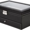 Black Leather Watch Box Jewelry Display Case with Drawers (12 Slots with 2 Layers)