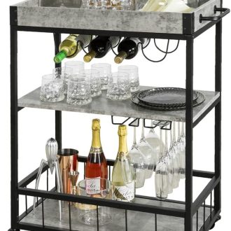 Industrial Vintage Style Wood Metal 3 Tiers Kitchen Serving Trolley with Wine Rack