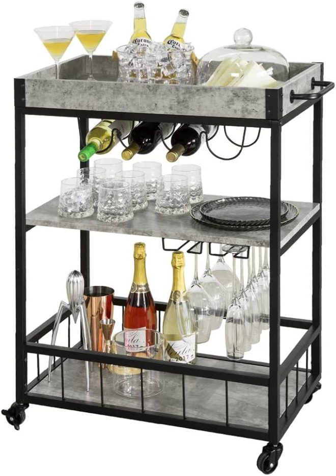 Industrial Vintage Style Wood Metal 3 Tiers Kitchen Serving Trolley with Wine Rack – Grey