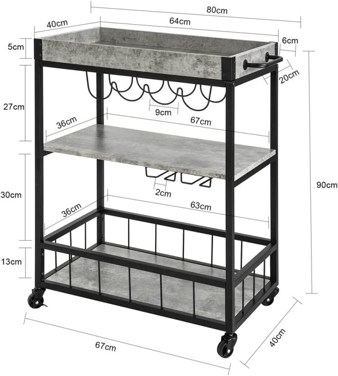 Industrial Vintage Style Wood Metal 3 Tiers Kitchen Serving Trolley with Wine Rack – Grey