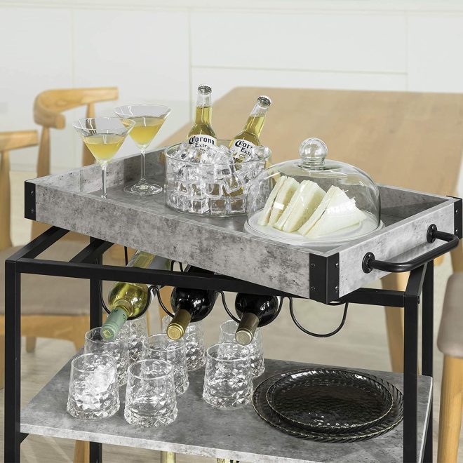 Industrial Vintage Style Wood Metal 3 Tiers Kitchen Serving Trolley with Wine Rack – Grey