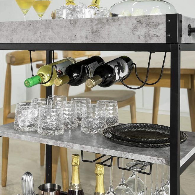 Industrial Vintage Style Wood Metal 3 Tiers Kitchen Serving Trolley with Wine Rack – Grey