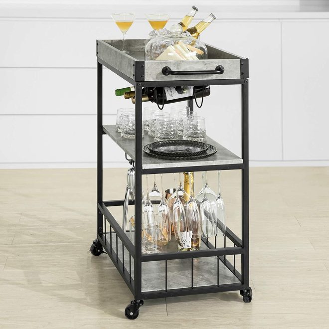 Industrial Vintage Style Wood Metal 3 Tiers Kitchen Serving Trolley with Wine Rack – Grey