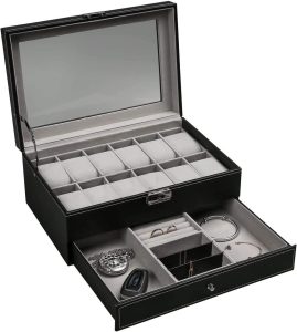 12 Slot PU Leather Lockable Watch and Jewelry Storage Boxes – Black