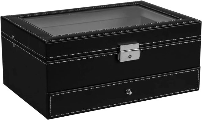 12 Slot PU Leather Lockable Watch and Jewelry Storage Boxes – Black