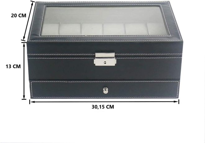 12 Slot PU Leather Lockable Watch and Jewelry Storage Boxes – Black