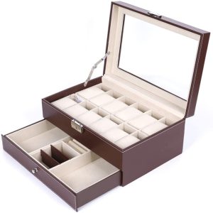 12 Slot PU Leather Lockable Watch and Jewelry Storage Boxes – Brown