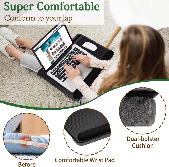 Portable Laptop Desk with Device Ledge, Mouse Pad and Phone Holder for Home Office – 55×35.5 cm, Black