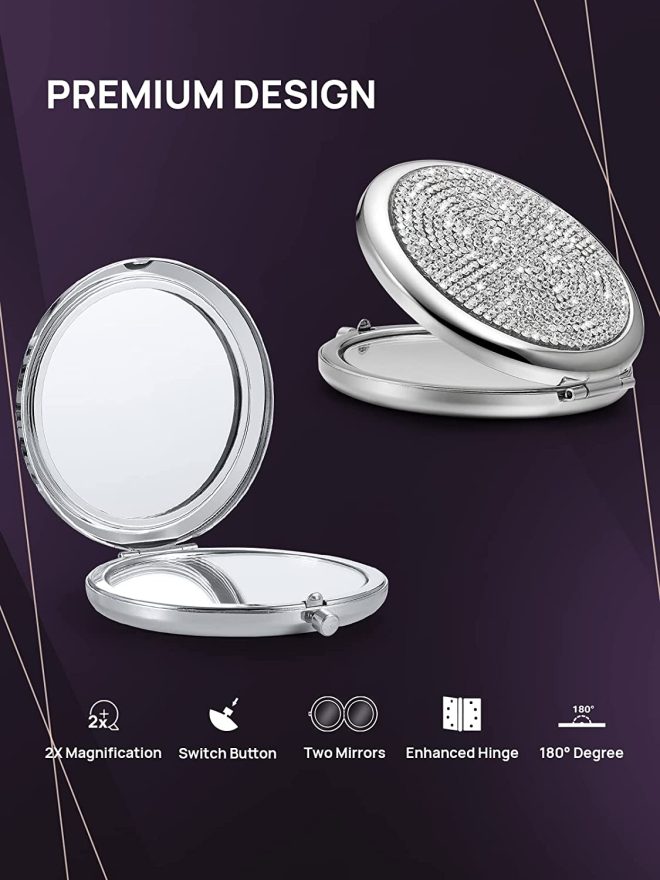 Mini Small Diamond 1X/2X Magnifying Round Metal Pocket Makeup Mirror – Silver