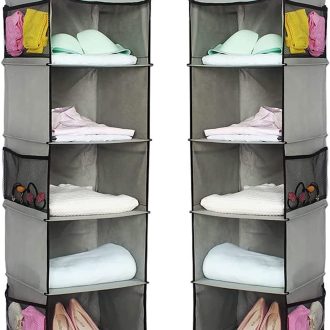 5 Foldable Shelf Hanging Closet Organizer Space Saver with Side Accessories Pockets for Clothes Storage.