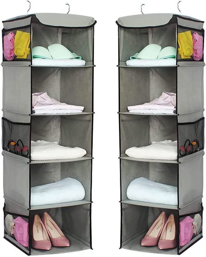 5 Foldable Shelf Hanging Closet Organizer Space Saver with Side Accessories Pockets for Clothes Storage. – 2