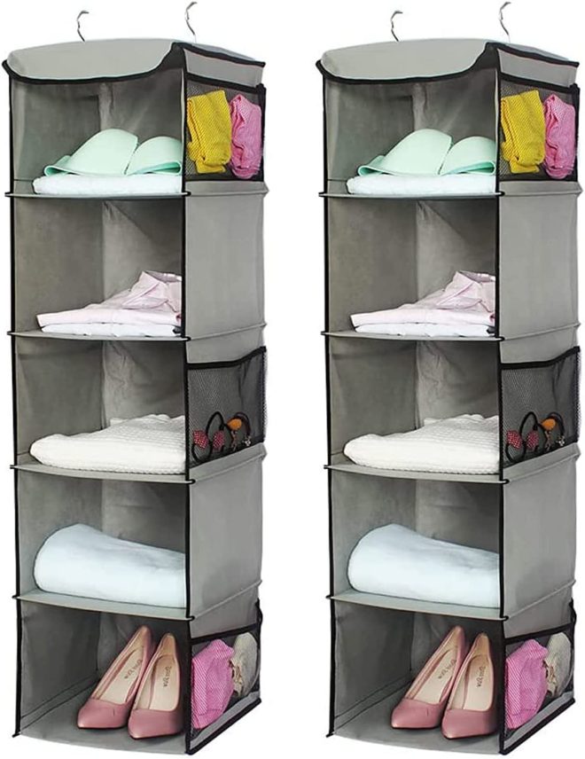 5 Foldable Shelf Hanging Closet Organizer Space Saver with Side Accessories Pockets for Clothes Storage. – 2