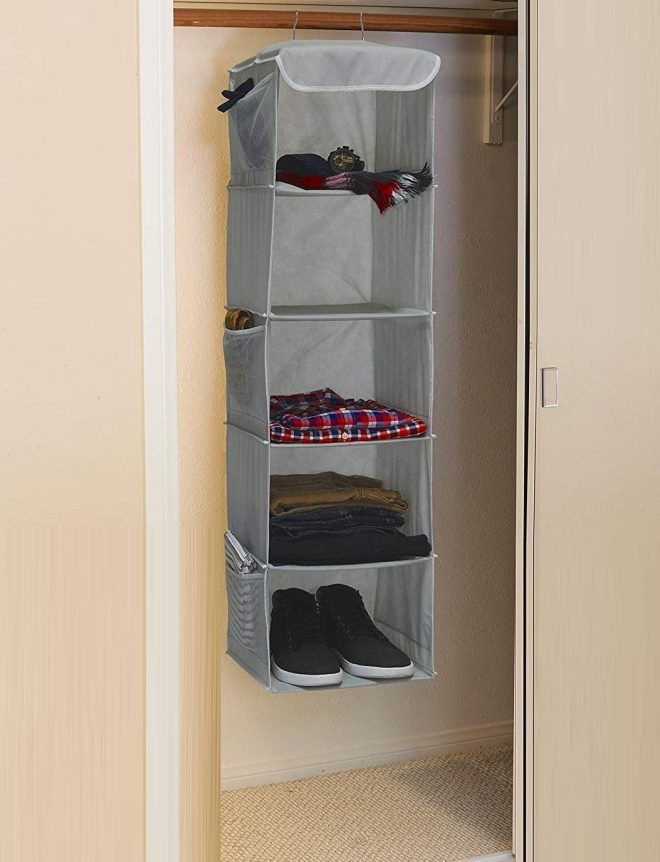 5 Foldable Shelf Hanging Closet Organizer Space Saver with Side Accessories Pockets for Clothes Storage. – 2