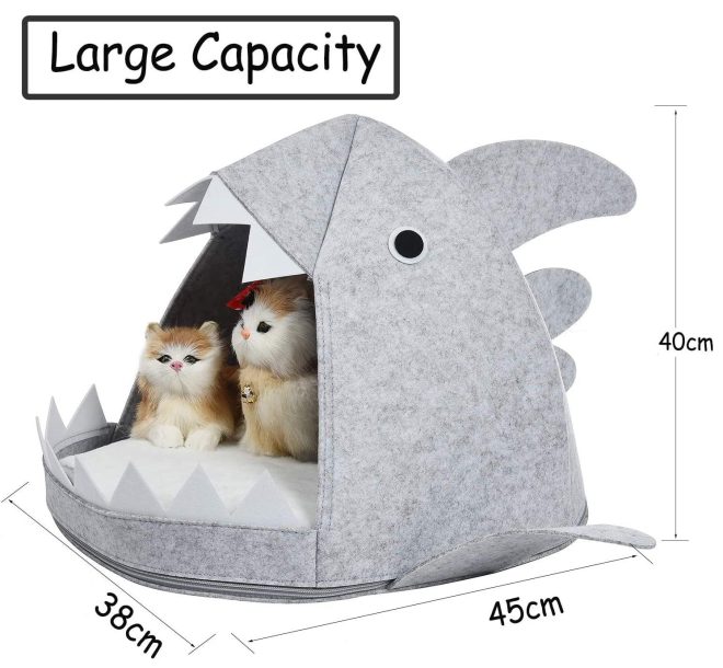 Shark Shape Pet Cave Bed for Cats andSmall Dogs 45 x 45 x 38 cm – Light Grey