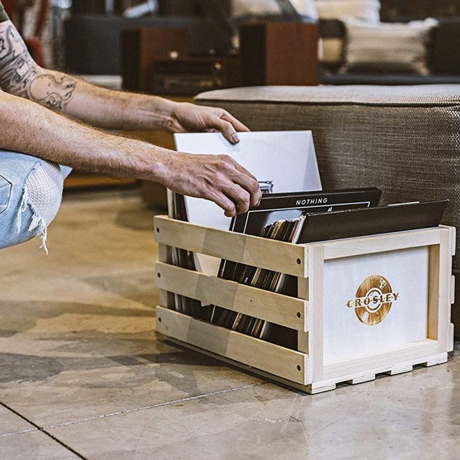 Crosley Vinyl LP Record Storage Crate Natural Wood Holds up to 75