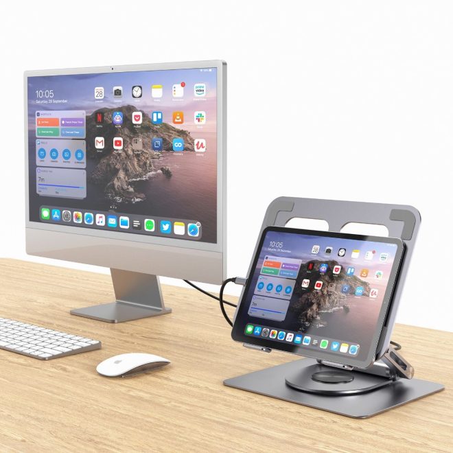 Stage S12 Rotating Laptop Stand with USB-C Docking Station – Space Grey