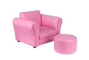 Kids Pink Couch Sofa Chair w/ Footstool in PU Leather