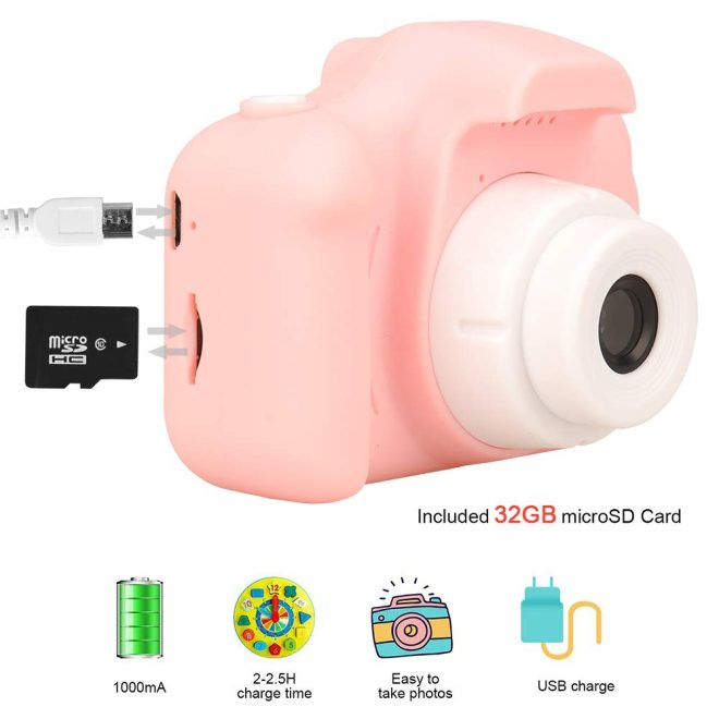 Mini Digital Children Camera Kids Camera 2.0″ LCD Toy 32G Card HD. – Pink