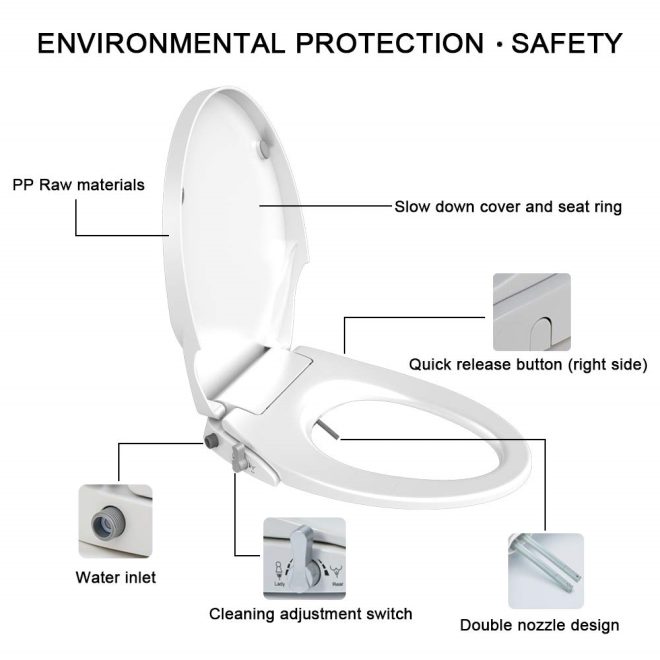 Non Electric Bidet Toilet Seat Cover Bathroom Dual Nozzle Spray Water Wash – D Shape