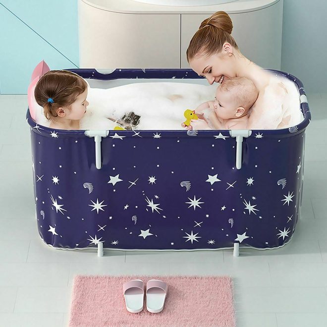 120CM Large Bath Sauna Adult Folding Bathtub Barrel SPA Household Tub Family. – Blue