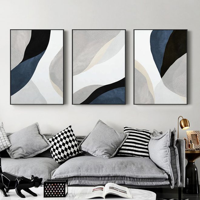 Abstract Navy Blue 3 Sets Black Frame Canvas Wall Art – 40×60 cm