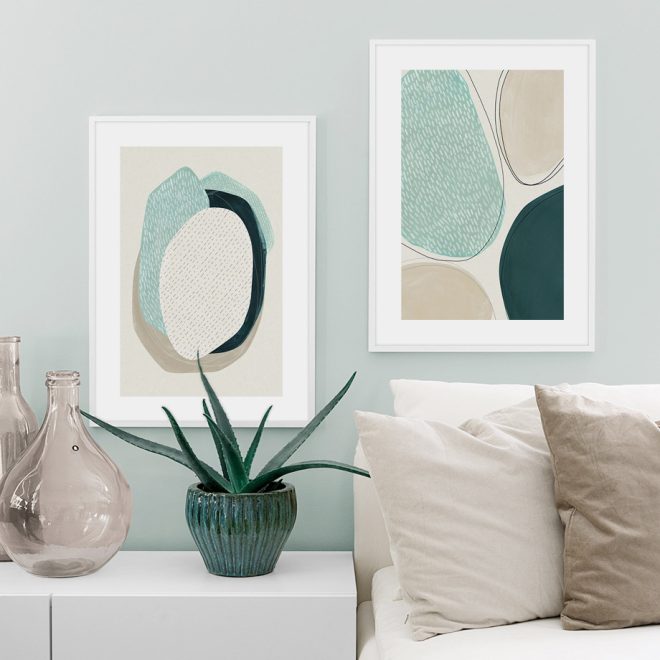 Abstract Green Circle 2 Sets White Frame Canvas Wall Art – 50×70 cm