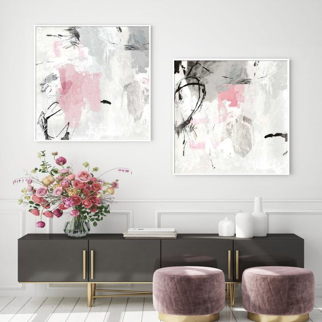 Abstract Pink Grey 2 Sets White Frame Canvas Wall Art – 50×50 cm