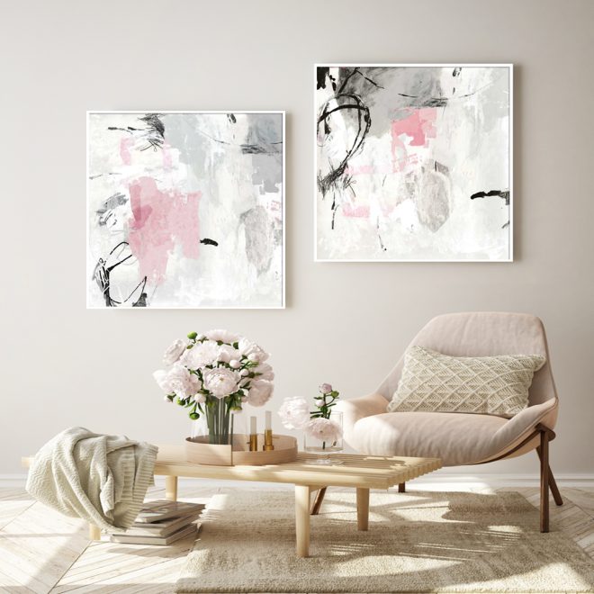 Abstract Pink Grey 2 Sets White Frame Canvas Wall Art – 50×50 cm