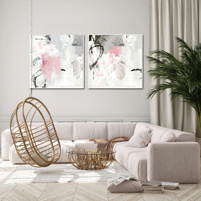 Abstract Pink Grey 2 Sets White Frame Canvas Wall Art – 50×50 cm