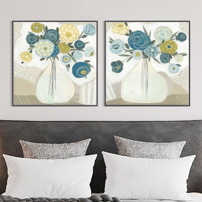 60cmx60cm Blue Bouquet 2 Sets Black Frame Canvas Wall Art