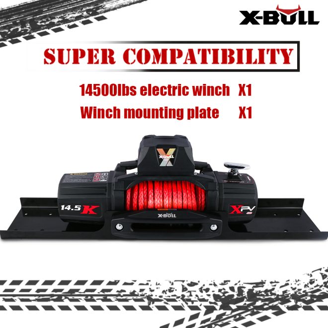 X-BULL 4×4 Electric Winch 12V 14500LBS synthetic rope with winch mounting plate