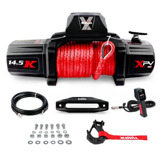 X-BULL 4×4 Electric Winch 12V 14500LBS synthetic rope with winch mounting plate