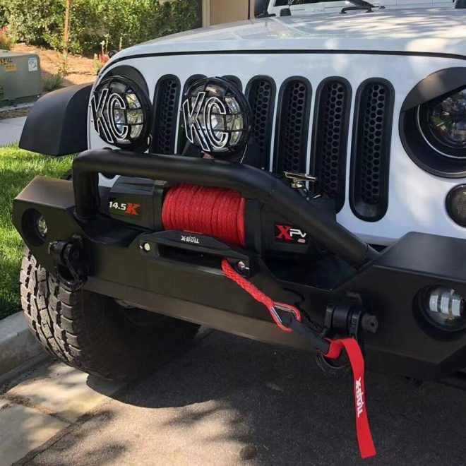 X-BULL 4×4 Electric Winch 12V 14500LBS synthetic rope with winch mounting plate