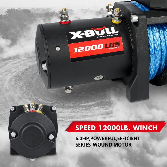 X-BULL 12V Electric Winch 12000LBS synthetic rope with 4PCS Recovery Tracks Gen3.0 Black