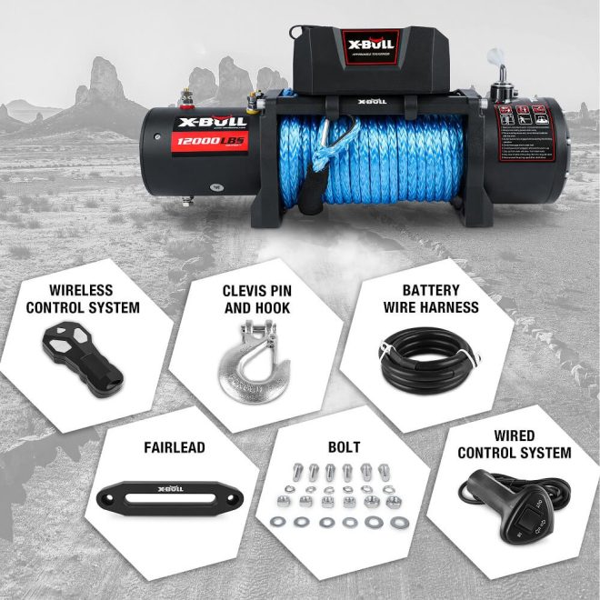 X-BULL 4×4 Electric Winch 12V 12000LBS synthetic rope 4WD Car with winch mounting plate