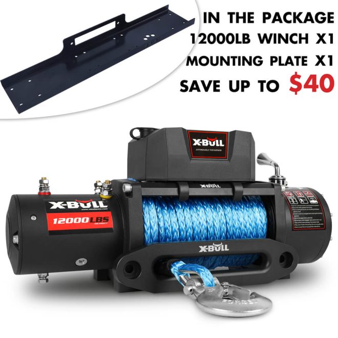 X-BULL 12000LBS Electric Winch 12V 4×4 synthetic rope 4WD Car with winch mounting plate