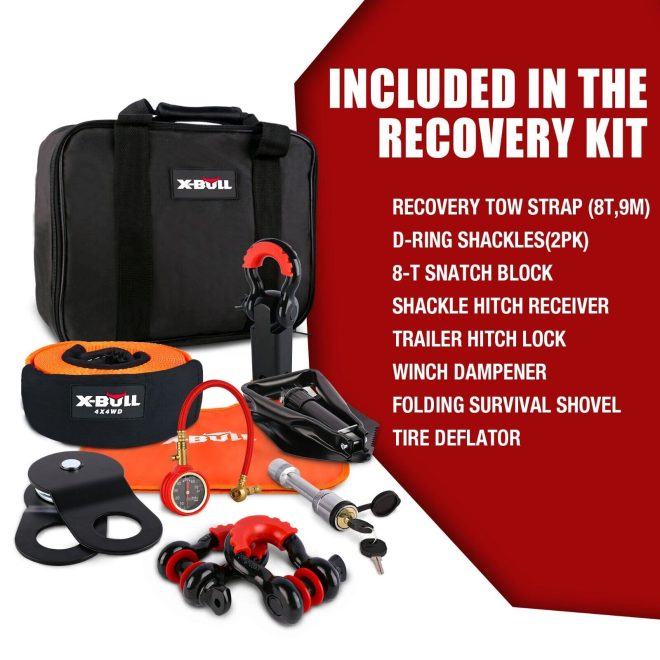 X-BULL Winch Recovery Kit 13PCS Recovery tracks /Snatch Strap Off Road 4X4. – Black