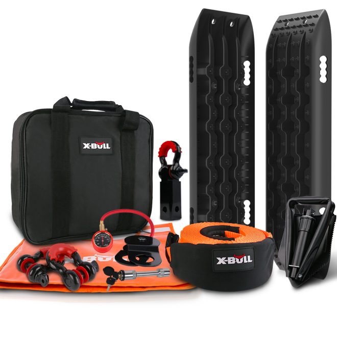 X-BULL Winch Recovery Kit 13PCS Recovery tracks /Snatch Strap Off Road 4X4. – Black