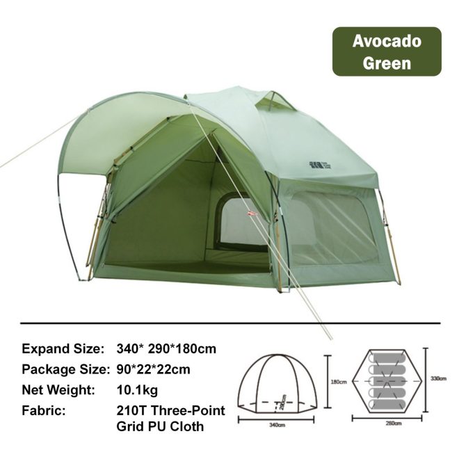 Large Space Luxury Frog Hexagonal Tent 5-8 Person Double Layer – Green