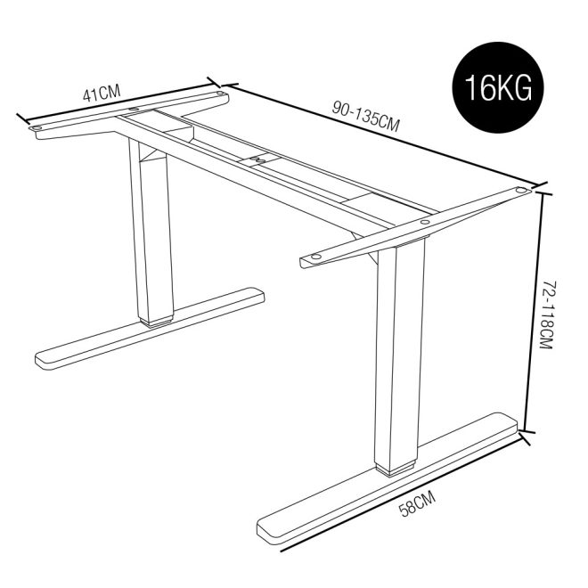 FORTIA Single Motor Sit/Stand Desk Frame, 58 x 90-135cm, 72-118cm Height Adjustable, 70kg Load – Silver