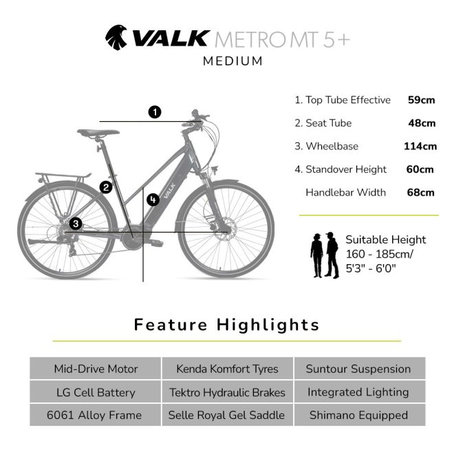 2023 VALK Metro MT 5 + Electric Hybrid Bike, Mid-Drive, Mixte Frame, Medium – Dark Grey